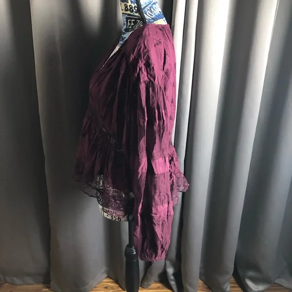 Free People Boho Hippy Floral Embroidered Sheer Paneling Long Sleeve Blouse - Picture 6 of 12